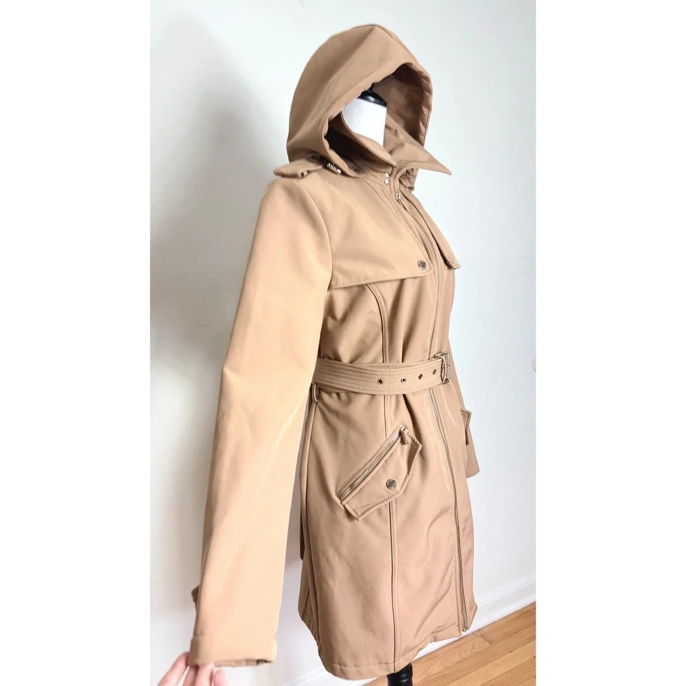 Michael Kors Tan Hooded Zip Up Trench Coat Jacket Size Large Classic Chic Winter